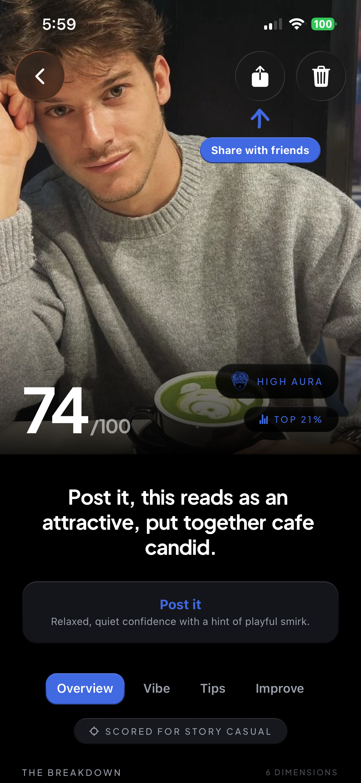 An AuraScanner result: a photo scored 74 out of 100, High Aura, top 21 percent.